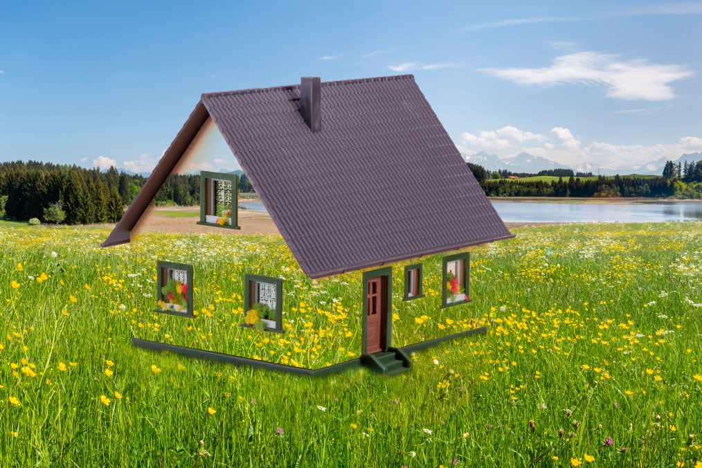ekologiczny dom na zielonej trawie z efektem przezroczystości dzięki czemu widać łąkę za nim